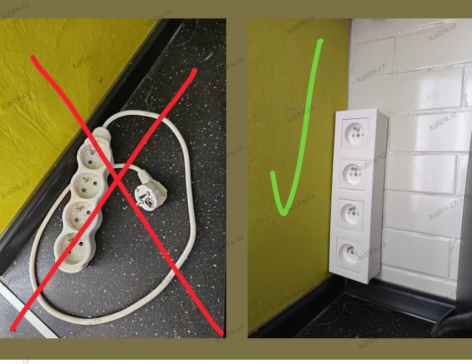 V kuchyni byl používán prodlužovací kabel pro kávovar, rychlovarnou konvici, mikrovlnnou troubu nebo fritézu. Jeho kapacita však neodpovídala dlouhodobému používání těchto spotřebičů, proto bylo bezpečnější používat vždy jen jedno zařízení.  Výměna kabelu pomohla navýšit kapacitu přípojky a zároveň přispěla k elegantnějšímu vzhledu. Původní prodlužovací kabel byl volně položen na kuchyňské lince.